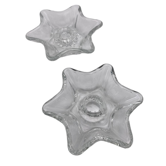 Vintage Clear Glass 6 Point Star Shaped Candlestick Holders - 2pcs Set - Picture 2 of 6